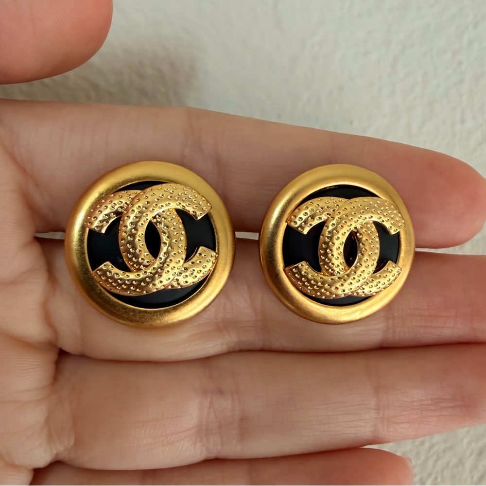 CHANEL Gold and Black CC Logo Button Earrings